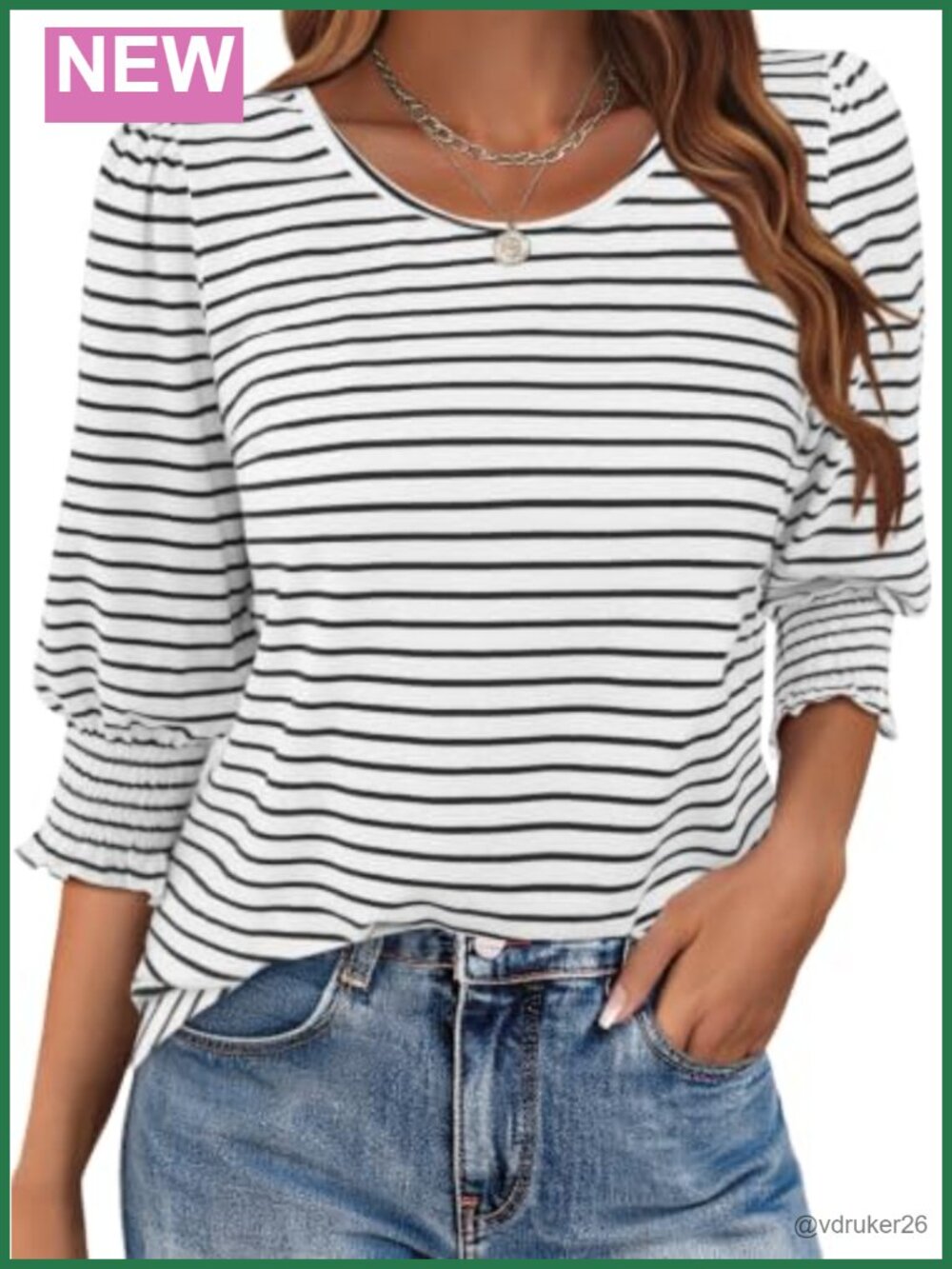 Striped 3/4 Sleeve Shirt Cotton Blend Smocked Cuff Casual T-Shirt